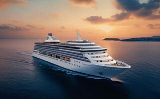 Luxury cruise ship sails across calm ocean at sunset near tropical destination photo