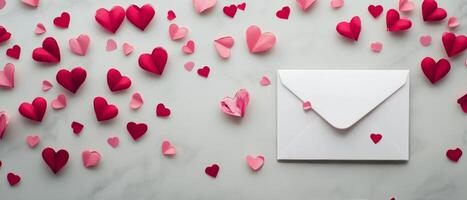 Romantic setting with an envelope surrounded by red hearts for a special occasion photo