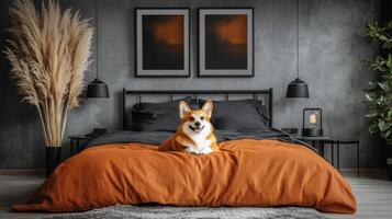 Corgi relaxing on modern bed in stylish bedroom with plants and artwork photo