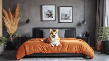 Corgi relaxing on modern bed in stylish bedroom with plants and artwork photo