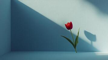Bright red tulips arranged in a minimalist display against a light background photo