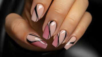 Stylish nail art with geometric design in soft orange tones on well groomed hands photo