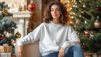 Young woman poses beside Christmas tree in cozy setting during holiday season photo