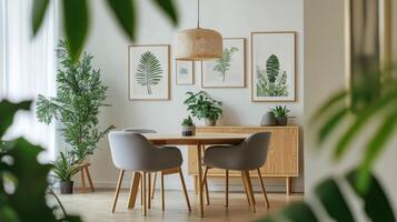 Elegant dining room with modern decor and indoor plants during daylight photo