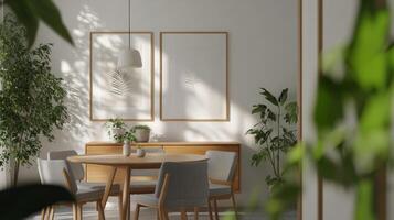 Elegant dining room with modern decor and indoor plants during daylight photo