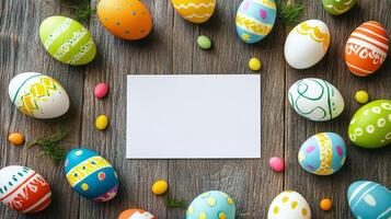 Colorful Easter eggs arranged around a blank card on a wooden surface for festive celebration photo