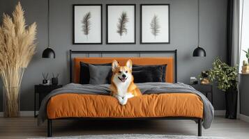 Corgi relaxing on modern bed in stylish bedroom with plants and artwork photo