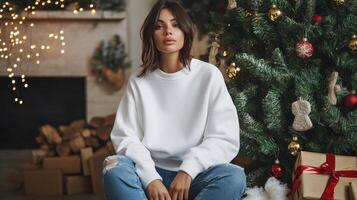 Young woman poses beside Christmas tree in cozy setting during holiday season photo