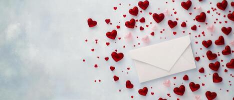 Romantic setting with an envelope surrounded by red hearts for a special occasion photo
