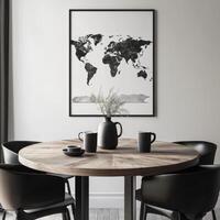 Modern dining area features a black and white world map and contemporary furniture photo