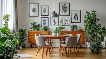 Elegant dining room with modern decor and indoor plants during daylight photo