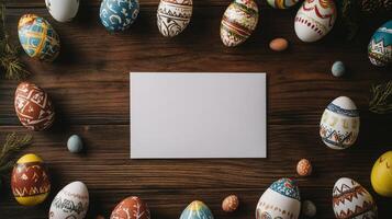 Colorful Easter eggs arranged around a blank card on a wooden surface for festive celebration photo