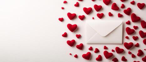Romantic setting with an envelope surrounded by red hearts for a special occasion photo