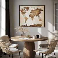 Modern dining area features a black and white world map and contemporary furniture photo