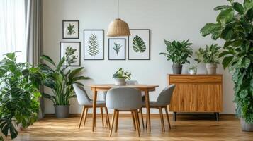 Elegant dining room with modern decor and indoor plants during daylight photo