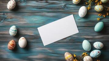 Colorful Easter eggs arranged around a blank card on a wooden surface for festive celebration photo