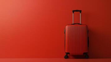 Red suitcase stands alone against a bright red background, suggesting travel and adventure plans photo