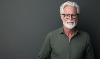 Senior man with gray hair and beard poses confidently against dark background photo