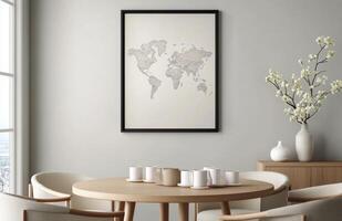 Modern dining area with a minimalist design featuring a round wooden table and map art photo