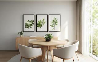 Modern interior with botanical art and minimalist furniture in bright room photo