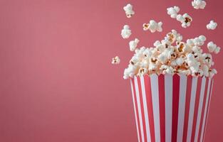 Freshly popped popcorn overflowing from a striped container on a pink background photo