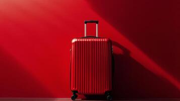 Red suitcase stands alone against a bright red background, suggesting travel and adventure plans photo