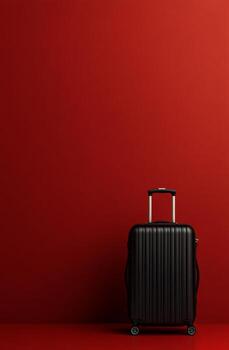 Red suitcase against a solid red background in a minimalist setting photo
