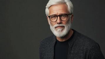 Elderly man with silver hair and beard smiles warmly against a neutral backdrop photo