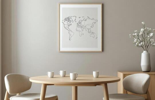 Modern dining area with a minimalist design featuring a round wooden table and map art photo