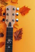 Acoustic guitar with autumn leaves arranged on a light blue background photo