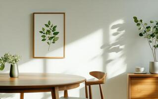 Modern interior with botanical art and minimalist furniture in bright room photo