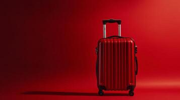Red suitcase stands alone against a bright red background, suggesting travel and adventure plans photo