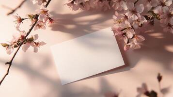 Elegant spring blossoms gently framing a blank card on a soft surface photo