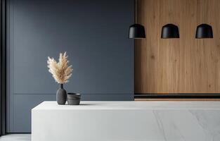 Modern minimalist kitchen interior with stylish bar and decor features photo