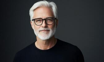 Senior man with gray hair and beard poses confidently against dark background photo