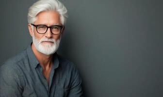 Senior man with gray hair and beard poses confidently against dark background photo