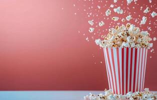 Freshly popped popcorn overflowing from a striped container on a pink background photo