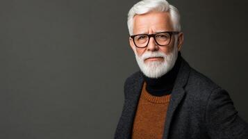 Elderly man with silver hair and beard smiles warmly against a neutral backdrop photo