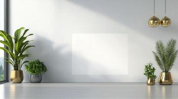 Fresh indoor plants on a modern table with a blank card for personalization on a sunny day photo