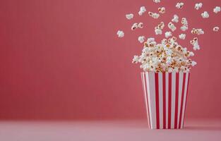 Freshly popped popcorn overflowing from a striped container on a pink background photo