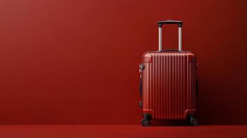 Red suitcase stands alone against a bright red background, suggesting travel and adventure plans photo