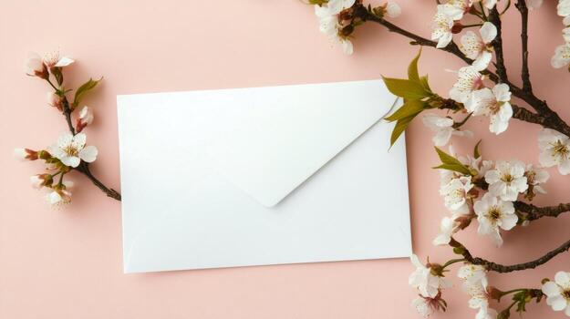 Elegant spring blossoms gently framing a blank card on a soft surface photo