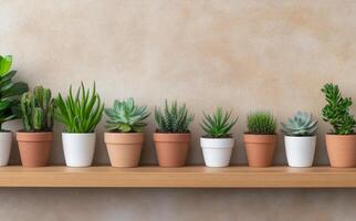 Collection of assorted potted plants on wooden shelf against textured background photo