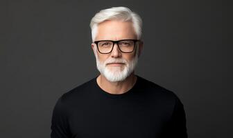 Senior man with gray hair and beard poses confidently against dark background photo