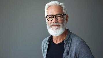 Elderly man with silver hair and beard smiles warmly against a neutral backdrop photo