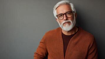 Elderly man with silver hair and beard smiles warmly against a neutral backdrop photo