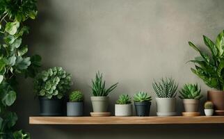 Collection of assorted potted plants on wooden shelf against textured background photo