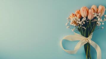 Beautiful bouquet of tulips and babys breath on soft blue background with ribbon photo