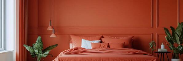 Cozy bedroom with warm orange walls and stylish decor in contemporary design style photo