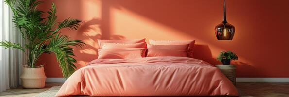 Cozy bedroom with warm orange walls and stylish decor in contemporary design style photo